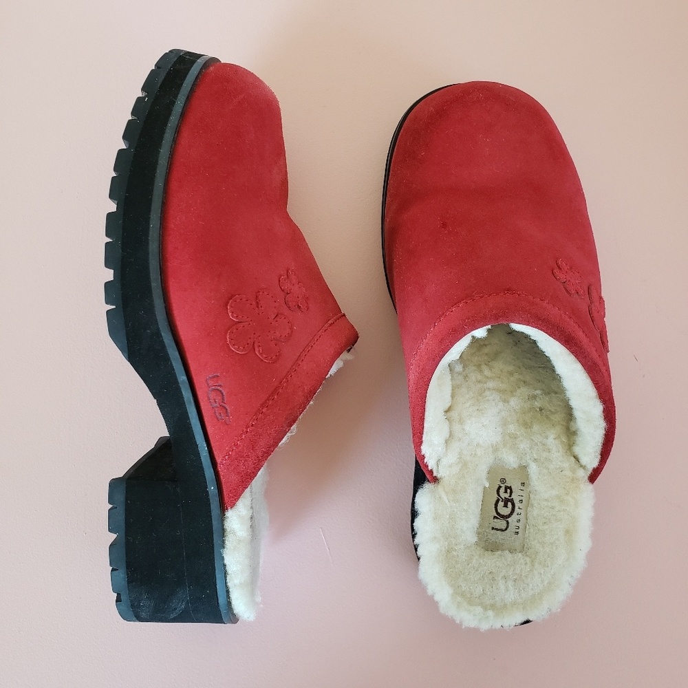 UGG Red Leather Fur Lugged Clog Slip On Shoes